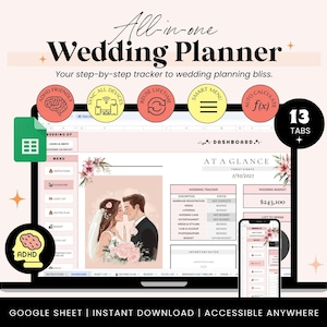 May include: A digital wedding planner displayed on a laptop and smartphone. The planner features a dashboard, budget tracker, and a graphic of a couple. Text includes "All-in-one Wedding Planner" and "Google Sheet | Instant Download | Accessible Anywhere."