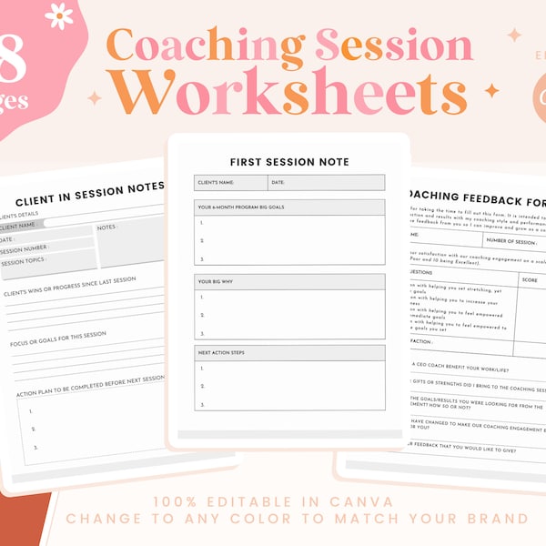 Coaching Session Worksheets |Coaching Toolkit |Coaching Worksheet Templates | Client Session Editable Canva Templates for Coaches