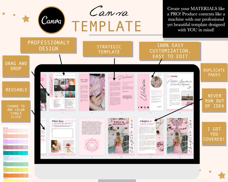 May include: A computer screen displaying a pink and white digital template for a digital planner or workbook. The template includes text such as "What does my mindset look like?" and "Scarcity Mindset vs Abundance Mindset".
