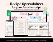 Recipe Book Spreadsheet | Meal Planner, Grocery List, Kitchen Organizer (Digital Download)