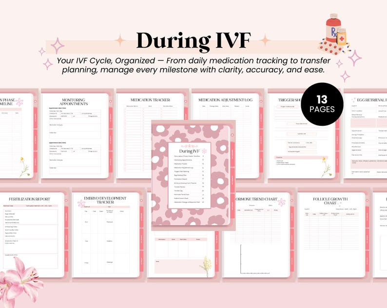 May include: A pink and white planner titled "During IVF" with 13 pages. The planner includes sections for medication tracking, appointments, and cycle monitoring. The text reads "Your IVF Cycle, Organized."