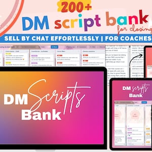 Puede incluir: Un producto de marketing digital rosa y morado para entrenadores llamado "DM Script Bank" con más de 200 guiones para cerrar ventas. El producto se muestra en una computadora portátil, una tableta y un teléfono. También se puede ver el texto "Profitable in Group Quantum".