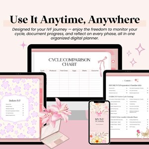 May include: A digital planner displayed on a laptop, tablet, smartphone, and computer screen. The screens show charts and lists with the text "Use It Anytime, Anywhere" and "My IVF Planner". Pink flowers and a pink background complete the design.