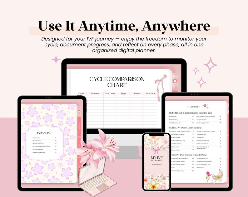 May include: A digital planner displayed on a laptop, tablet, smartphone, and computer screen. The screens show charts and lists with the text "Use It Anytime, Anywhere" and "My IVF Planner". Pink flowers and a pink background complete the design.