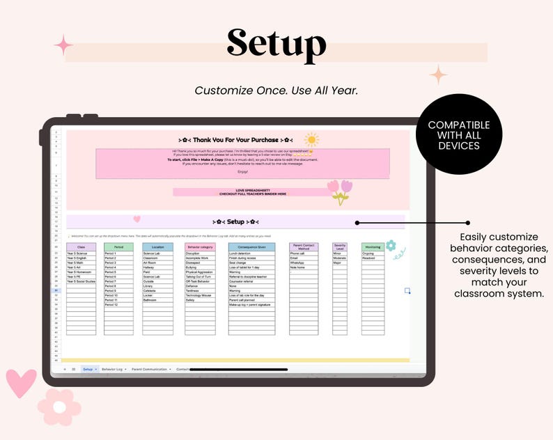 May include: A digital tablet displays a pink and white document titled "Setup." The document includes sections for class, period, location, behavior categories, consequences, and monitoring. Text on the screen reads "Customize Once. Use All Year." and "Compatible with All Devices."