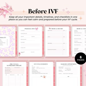 May include: A pink and white planner titled "Before IVF" with floral accents. The planner includes sections for personal info, medical history, and cycle overview. The text reads "Keep all your important details, timelines, and checklists in one place so you can feel calm and prepared before your IVF cycle."