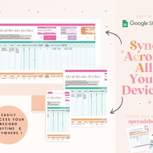 May include: A digital image showing a spreadsheet template for tracking client sessions. The template is shown on a computer screen, a tablet, and a smartphone. The text "Client Session Tracker" is visible on the template. The text "Edit in Google Sheets" is visible in the upper right corner of the image. The text "Sync Across All Your Devices" is visible in the lower right corner of the image. The text "Check Out More Spreadsheet" is visible in the lower right corner of the image.