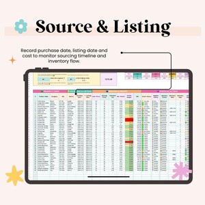 May include: A digital tablet shows a spreadsheet with columns for product information, sourcing, and listing details. The text "Source & Listing" is at the top, with instructions to record purchase and listing dates. Pastel floral and star graphics decorate the background.
