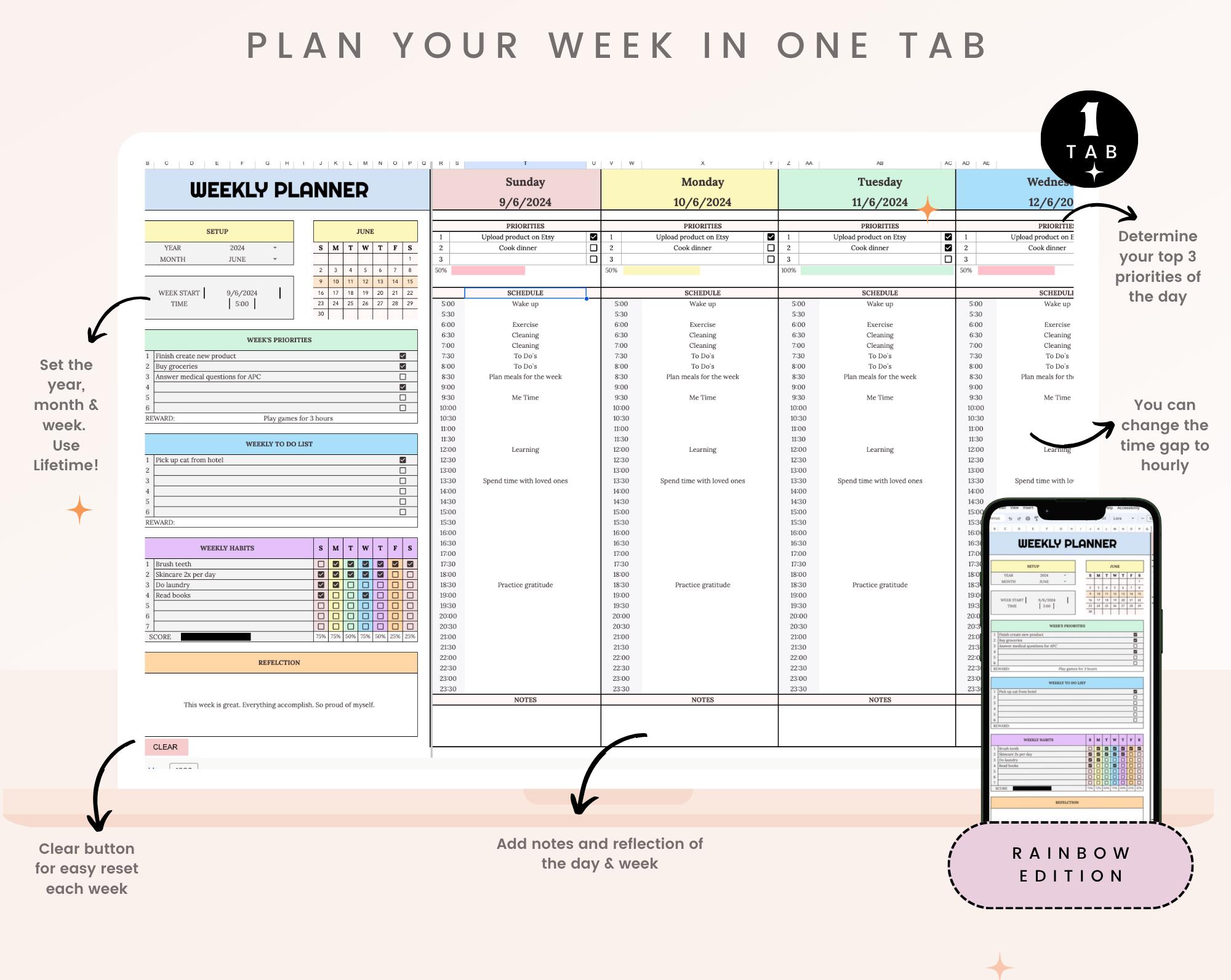 Weekly Planner Spreadsheet, ADHD Weekly Time Blocking Planner, Daily ...