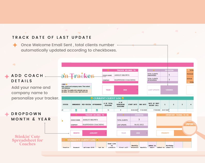May include: A pink and teal spreadsheet template for coaches, titled "on Tracker". The spreadsheet includes sections for tracking client onboarding, offboarding, and important dates. The spreadsheet is designed to help coaches manage their clients and track their progress.