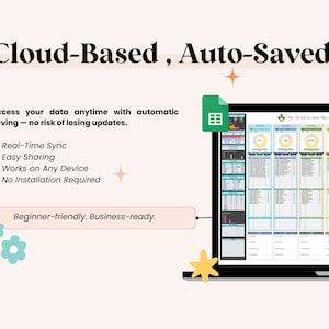 May include: A laptop screen showing a spreadsheet with data and charts. The text "Cloud-Based, Auto-Saved" is at the top. Features include real-time sync and easy sharing. The design is described as beginner-friendly and business-ready.