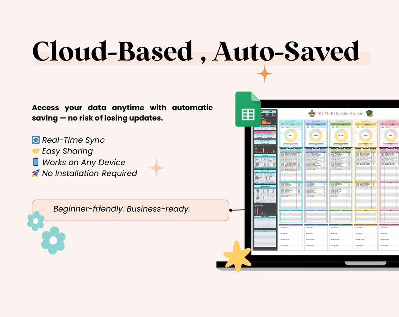 May include: A laptop screen showing a spreadsheet with data and charts. The text "Cloud-Based, Auto-Saved" is at the top. Features include real-time sync and easy sharing. The design is described as beginner-friendly and business-ready.