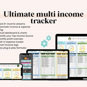 May include: A digital income tracker displayed on a phone, tablet, and laptop. The tracker includes a dashboard with charts and expense tracking. The text "Ultimate multi income tracker" is at the top of the image.