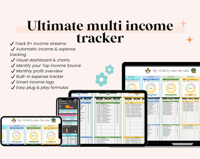 May include: A digital income tracker displayed on a phone, tablet, and laptop. The tracker includes a dashboard with charts and expense tracking. The text "Ultimate multi income tracker" is at the top of the image.