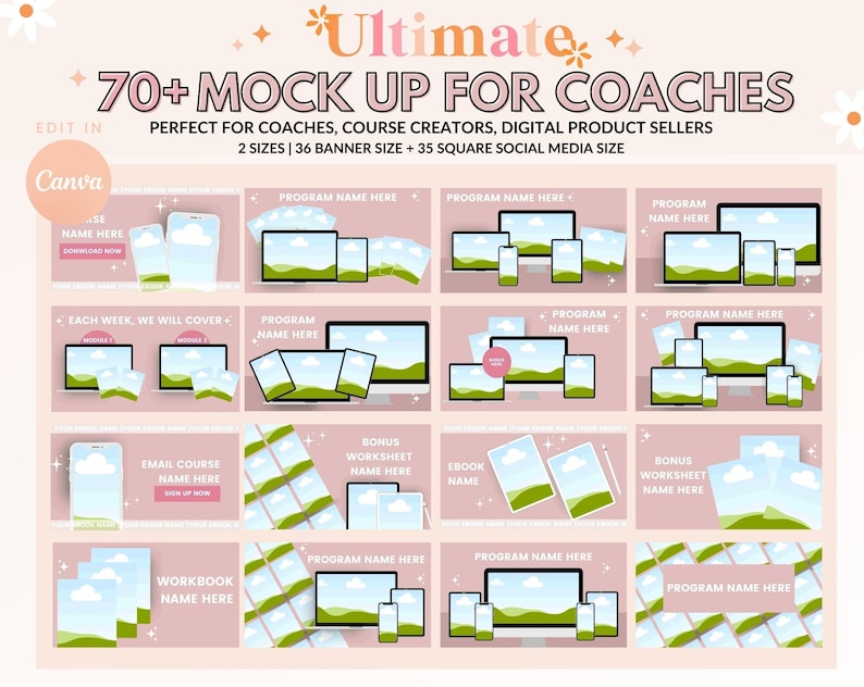 Mockup av Canva-mall för coacher, mockups för kursskapare, mockup för digital produkt, mockup för Canva-mall, teknisk mockup, mockup för onlinekurs bild 1