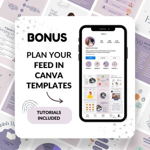 May include: A purple and white graphic design template for social media featuring the text "Bonus: Plan Your Feed in Canva Templates. Tutorials Included". The template shows a mockup of a phone screen displaying a grid of nine Instagram posts.