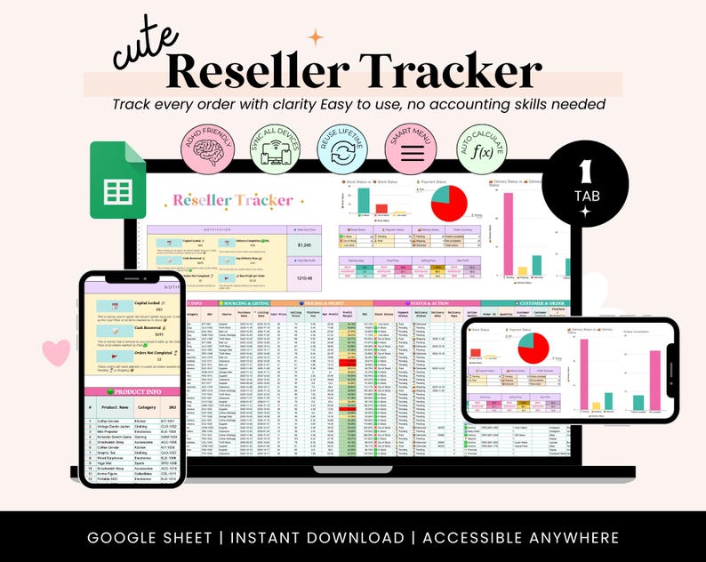 May include: A digital reseller tracker displayed on a laptop, smartphone, and tablet. The interface features charts, graphs, and data tables. Text includes "cute Reseller Tracker" and "Track every order with clarity Easy to use, no accounting skills needed."