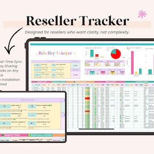 May include: Two digital tablets displaying a reseller tracker. The main tablet shows a spreadsheet with charts and data, and the smaller one displays a notification panel. Text includes "Reseller Tracker" and "Designed for resellers who want clarity, not complexity."