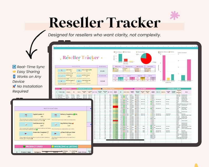 May include: Two digital tablets displaying a reseller tracker. The main tablet shows a spreadsheet with charts and data, and the smaller one displays a notification panel. Text includes "Reseller Tracker" and "Designed for resellers who want clarity, not complexity."