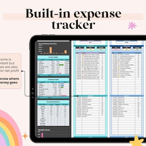 May include: A tablet screen shows a built-in expense tracker with financial data. The display includes income and expense insights, monthly breakdowns, and an income stream overview. Text on the screen reads "Income is important but expenses are also crucial for net profit. Finally know where your money goes."