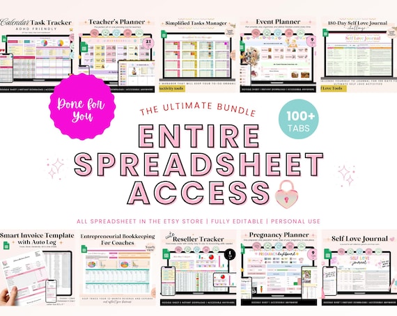 Entire Shop Access Spreadsheet Planner Bundle | Productivity Google Sheets Mega Bundle | Business, Life, Teacher Finance Planner Tracker
