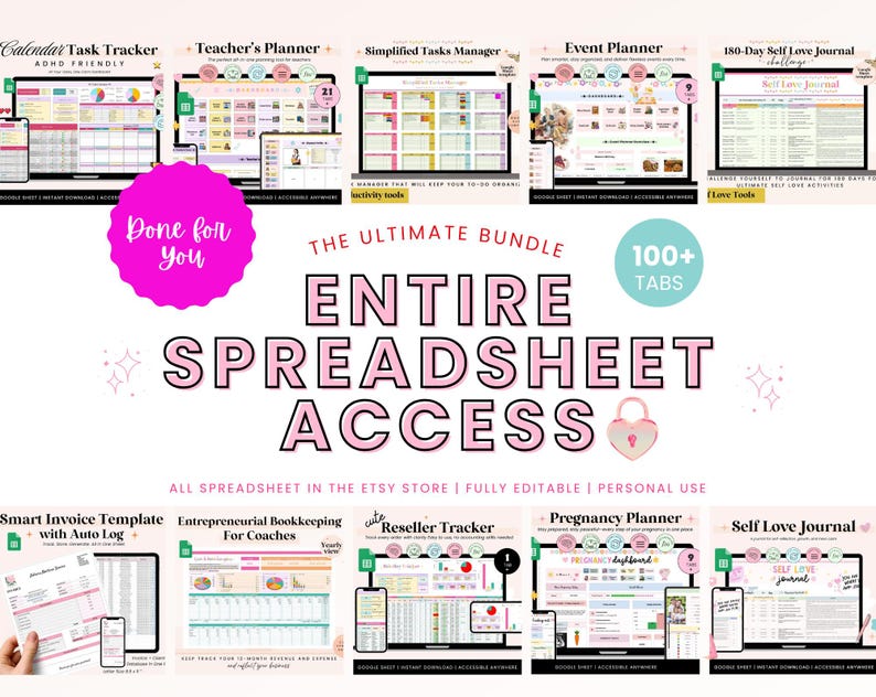 Entire Shop Access Spreadsheet Planner Bundle | Productivity Google Sheets Mega Bundle | Business, Life, Teacher Finance Planner Tracker image 1