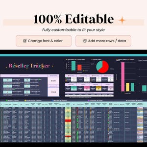 May include: A digital reseller tracker spreadsheet displayed on a laptop screen. The spreadsheet is filled with data, charts, and graphs. Text at the top reads "100% Editable" and "Fully customizable to fit your style."