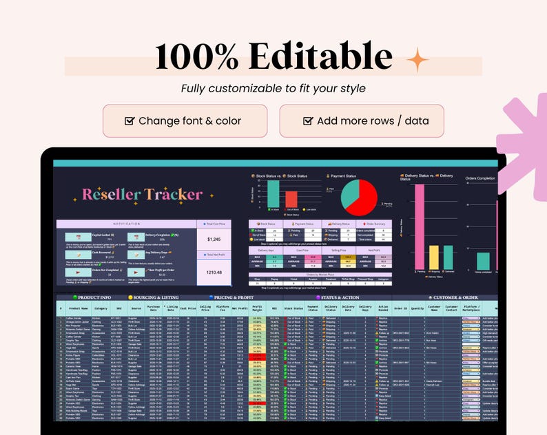 May include: A digital reseller tracker spreadsheet displayed on a laptop screen. The spreadsheet is filled with data, charts, and graphs. Text at the top reads "100% Editable" and "Fully customizable to fit your style."