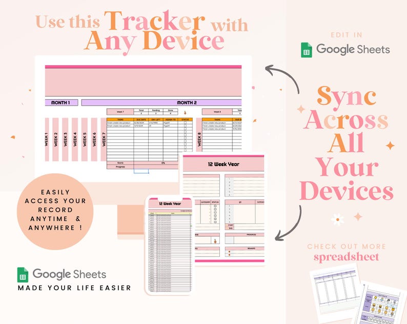 May include: A digital planner template with a pink and white color scheme. The text reads "Use this Tracker with Any Device" and "Sync Across All Your Devices". The image includes a Google Sheets logo and the words "Made Your Life Easier".
