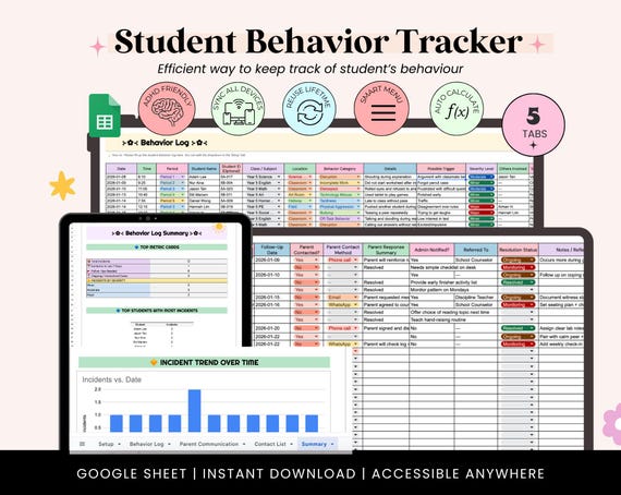 Student Behavior Tracker for Teacher, Behavior Chart Spreadsheet Google Sheets, Classroom Management Behavior Log,Teacher Documentation Tool