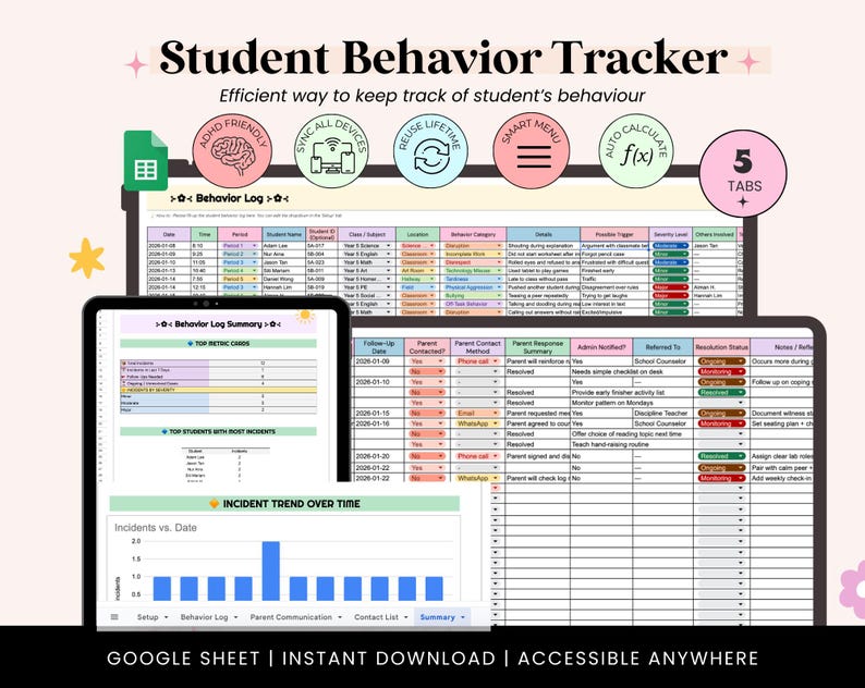 Student Behavior Tracker for Teacher, Behavior Chart Spreadsheet Google ...