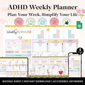 May include: ADHD Weekly Planner with the text "Plan Your Week, Simplify Your Life." The planner features a weekly layout with sections for daily tasks, priorities, and a calendar. The design includes cartoon bunnies and icons for ADHD-friendly features.
