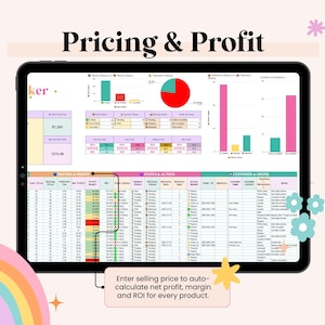 May include: A digital tablet displays a spreadsheet with data visualizations and the text "Pricing & Profit." The screen shows charts, tables, and the prompt: "Enter selling price to auto-calculate net profit, margin and ROI for every product."