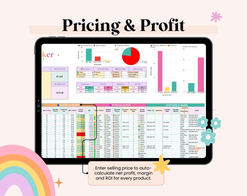 May include: A digital tablet displays a spreadsheet with data visualizations and the text "Pricing & Profit." The screen shows charts, tables, and the prompt: "Enter selling price to auto-calculate net profit, margin and ROI for every product."