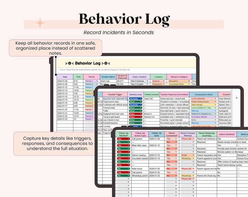Student Behavior Tracker for Teacher, Behavior Chart Spreadsheet Google Sheets, Classroom Management Behavior Log,Teacher Documentation Tool image 3