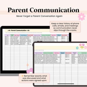 May include: A digital display titled "Parent Communication" with the tagline "Never Forget a Parent Conversation Again." The image shows a laptop and tablet displaying a spreadsheet for tracking parent-teacher communication. Text on the image includes "Keep a clear history" and "Remember exactly what was discussed."