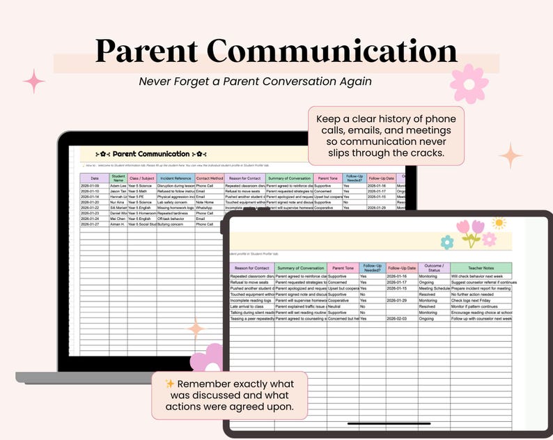 May include: A digital display titled "Parent Communication" with the tagline "Never Forget a Parent Conversation Again." The image shows a laptop and tablet displaying a spreadsheet for tracking parent-teacher communication. Text on the image includes "Keep a clear history" and "Remember exactly what was discussed."