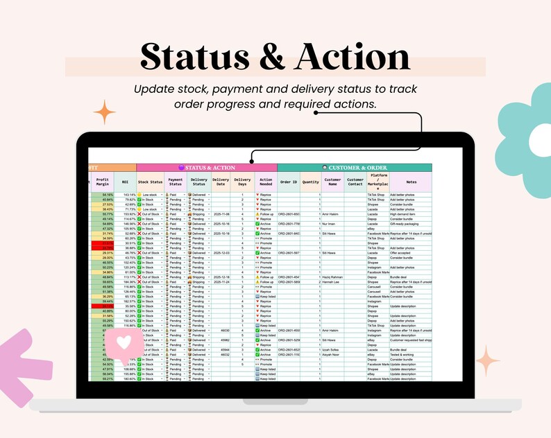 May include: A laptop screen shows a spreadsheet titled "Status & Action." The text above says "Update stock, payment and delivery status to track order progress and required actions." The spreadsheet contains data with columns and rows, including order details.