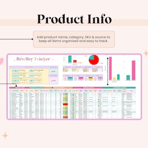 May include: A digital spreadsheet, titled "Reseller Tracker", with data charts and graphs, in a pink frame. The text "Product Info" is at the top, with instructions to add product details. A pink heart and flower decorate the background.
