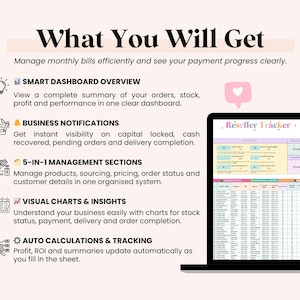 May include: A laptop screen shows a spreadsheet labelled "Reseller Tracker." The image includes text: "What You Will Get," and bullet points detailing features such as smart dashboard overview, business notifications, and auto calculations.