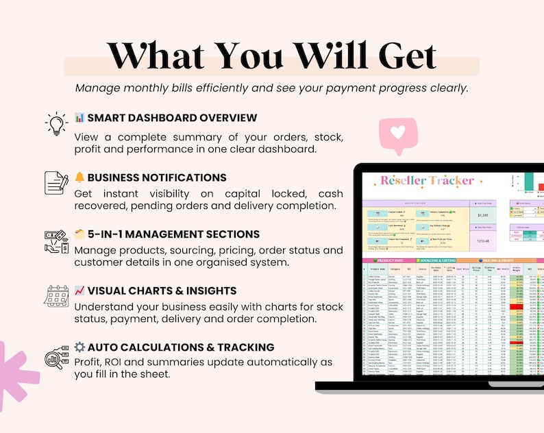 May include: A laptop screen shows a spreadsheet labelled "Reseller Tracker." The image includes text: "What You Will Get," and bullet points detailing features such as smart dashboard overview, business notifications, and auto calculations.