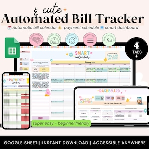 Op de afbeelding: Een digitale factuurtracker weergegeven op een smartphone, tablet en computerscherm. De schermen tonen een betalingsschema, slim dashboard en kalender. Tekst bevat "Automated Bill Tracker" en "super easy - beginner friendly."