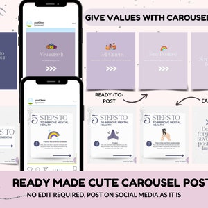 May include: A carousel post template for social media with the text "5 Steps to Improve Mental Health" and a rainbow graphic. The post is ready to use and easy to edit.