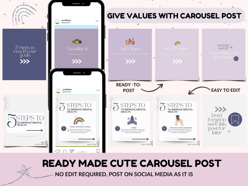 May include: A carousel post template for social media with the text "5 Steps to Improve Mental Health" and a rainbow graphic. The post is ready to use and easy to edit.