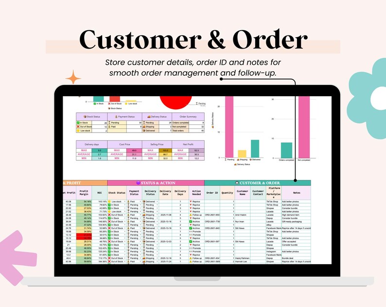 May include: A laptop screen shows a spreadsheet with data visualizations and the text "Customer & Order." The spreadsheet includes charts, tables, and colour-coded data, with the text "Store customer details, order ID and notes for smooth order management and follow-up."