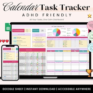May include: A digital calendar task tracker displayed on a laptop and smartphone. The design features a pink, yellow, and green color scheme with the text "Calendar Task Tracker ADHD FRIENDLY". The calendar is designed to help organize tasks.