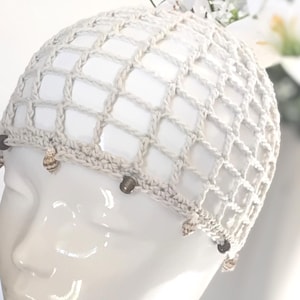 Crochet Cotton Net Mesh Skull Cap with Wooden Beads and Shells