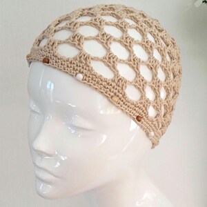 Crochet Square Mesh Skull Cap: Ecru Cotton Boho Beach Hat with Wooden Beads