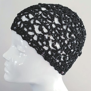 Crochet Black Sparkle Lacy Skull Cap with Silver Sequins and Beads