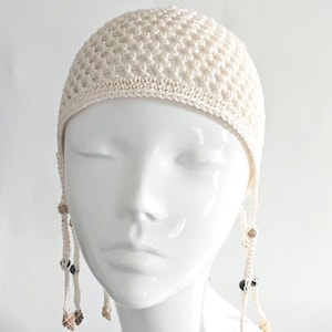 Crochet Mesh Cotton Skull Cap in Cream with Wooden Beads and Shell Braids